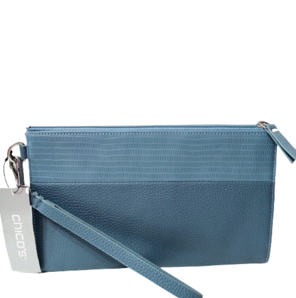 Chico's Pretty Blue Tie Zipper Embossed Wristlet